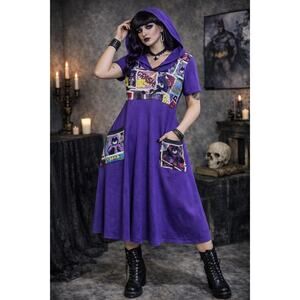 G&H by Lynna Purple Graphic Hooded Dress L Comic Print Pockets Indie Geek Goth
